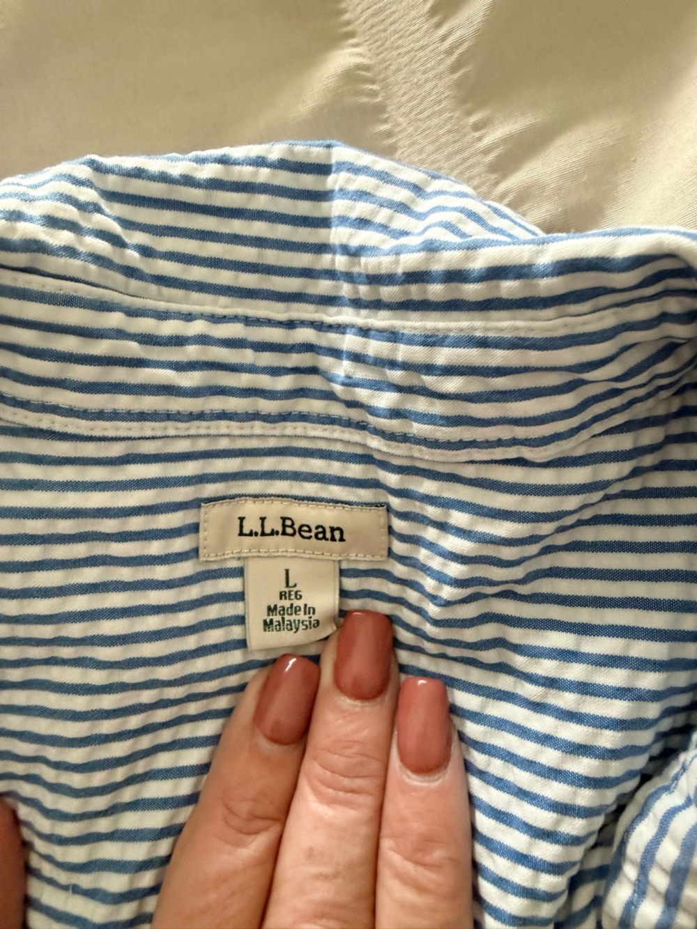 L.L. Bean Blue and White Striped Seersucker Button-Down Shirt - Picture 2 of 4